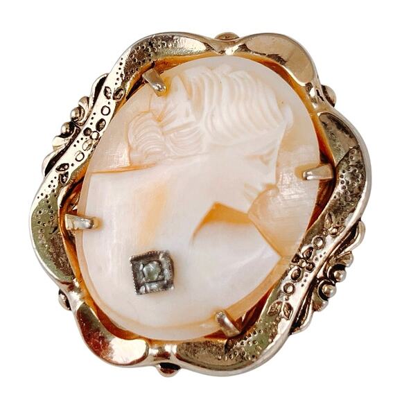Vintage Coro Cameo Brooch 40s-50s Diamond Accent 10K Gold Plated Shell Carving - Picture 5 of 11